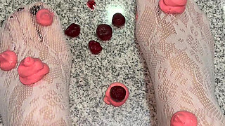 Playing with a whipped cream with my legs in white stockings