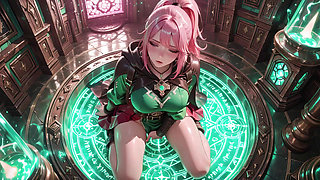Deep squat teasing under the giant magic array, green battle gear stretched tight.