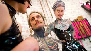 3 Latex Femdoms dominate Tattooed Slave - Sounding, Ureta Fingering, Dominatrix