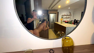 A horny Mexican woman fucks her hot stepbrother on the balcony of their house, flashing her huge breasts in the open air!