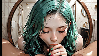 Beautiful Multicolored Haired Girl Sucking Cock In The Bathroom - Blowjob Wet And Deep