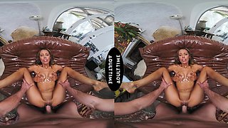 Kylie Le Beau rides a big cock in vr with intense passion on the sofa.