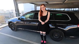 Nerdy stepsister gets fucked in parking garage