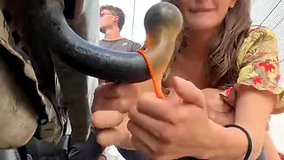 Busty MILF in Red Boots Sucks Truck Pipe in Public Sex Video