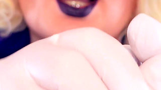 Medical nitrile white nurse gloves and fur with dark lipstick - Blonde ASMR