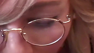 Busty Blonde in Glasses Takes Two Cocks - Sheer Black Lingerie on the Gold Bed