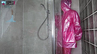 Slippery Pink Pvc Shower Tease: Soaked and Squeaky Fun