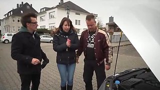 Car Breakdown? Fuck! Big Tits German Threesome with Stockings