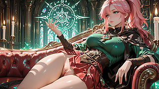 Deep Squat Teasing Under the Giant Magic Array, Green Battle Gear Stretched Tight.