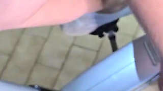 Cute 19 Year Old Blonde Riding Excersize Bike with Massive Dildo